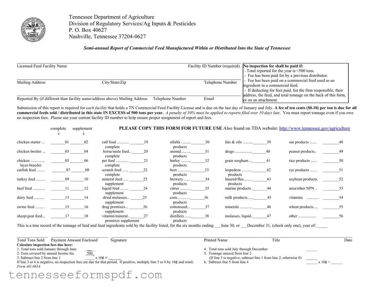 Fill Out Your Ag 0654 Tennessee Form