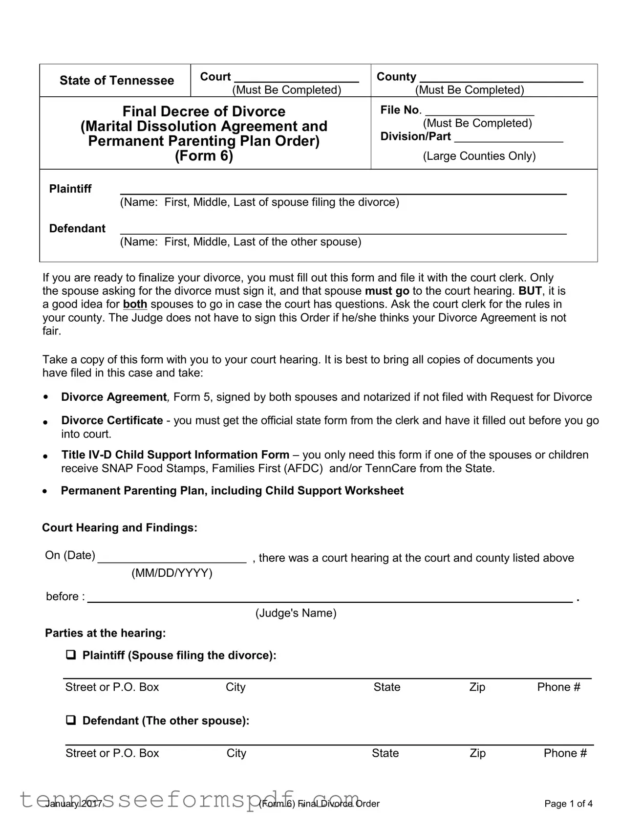 Fill Out Your Final Divorce Order Tennessee Form