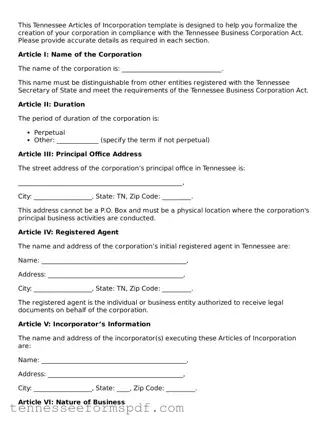Fillable Tennessee Articles of Incorporation Document
