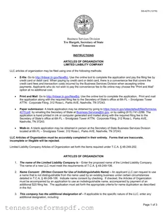 Fill Out Your Tennessee Articles Organization Form