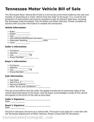 Fillable Tennessee Motor Vehicle Bill of Sale Document