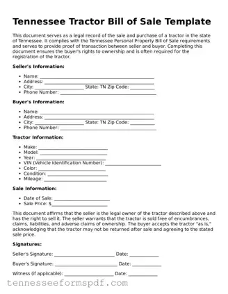 Fillable Tennessee Tractor Bill of Sale Document