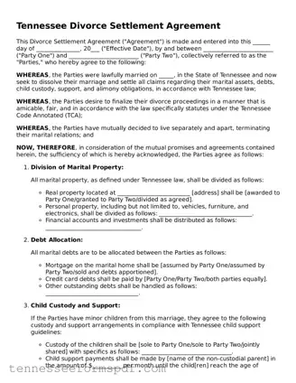 Fillable Tennessee Divorce Settlement Agreement Document