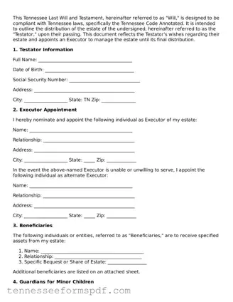 Fillable Tennessee Last Will and Testament Document