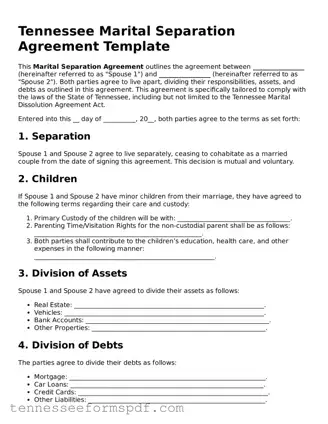 Fillable Tennessee Marital Separation Agreement Document