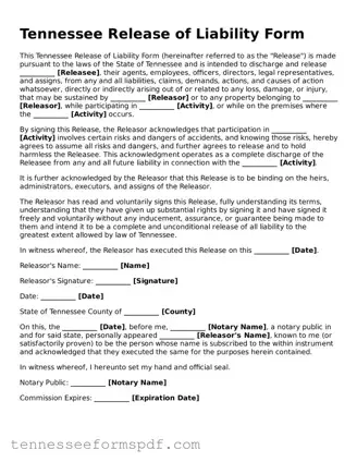 Fillable Tennessee Release of Liability Document