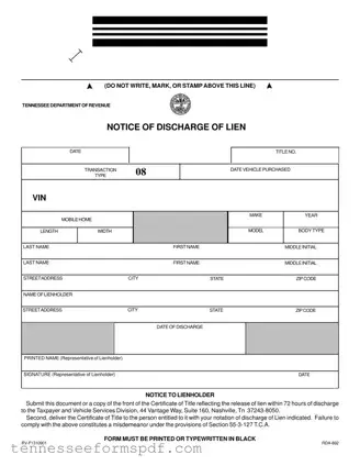 Fill Out Your Tennessee Lien Discharge Form