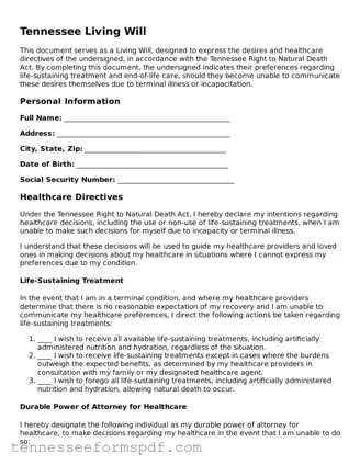 Fillable Tennessee Living Will Document