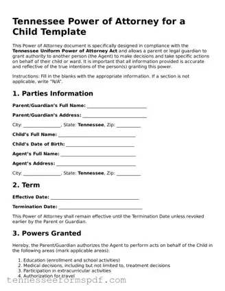 Fillable Tennessee Power of Attorney for a Child Document