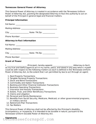 Fillable Tennessee General Power of Attorney Document