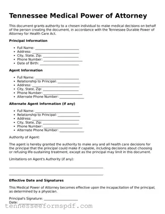Fillable Tennessee Medical Power of Attorney Document