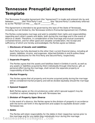 Fillable Tennessee Prenuptial Agreement Document
