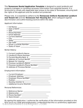 Fillable Tennessee Rental Application Document