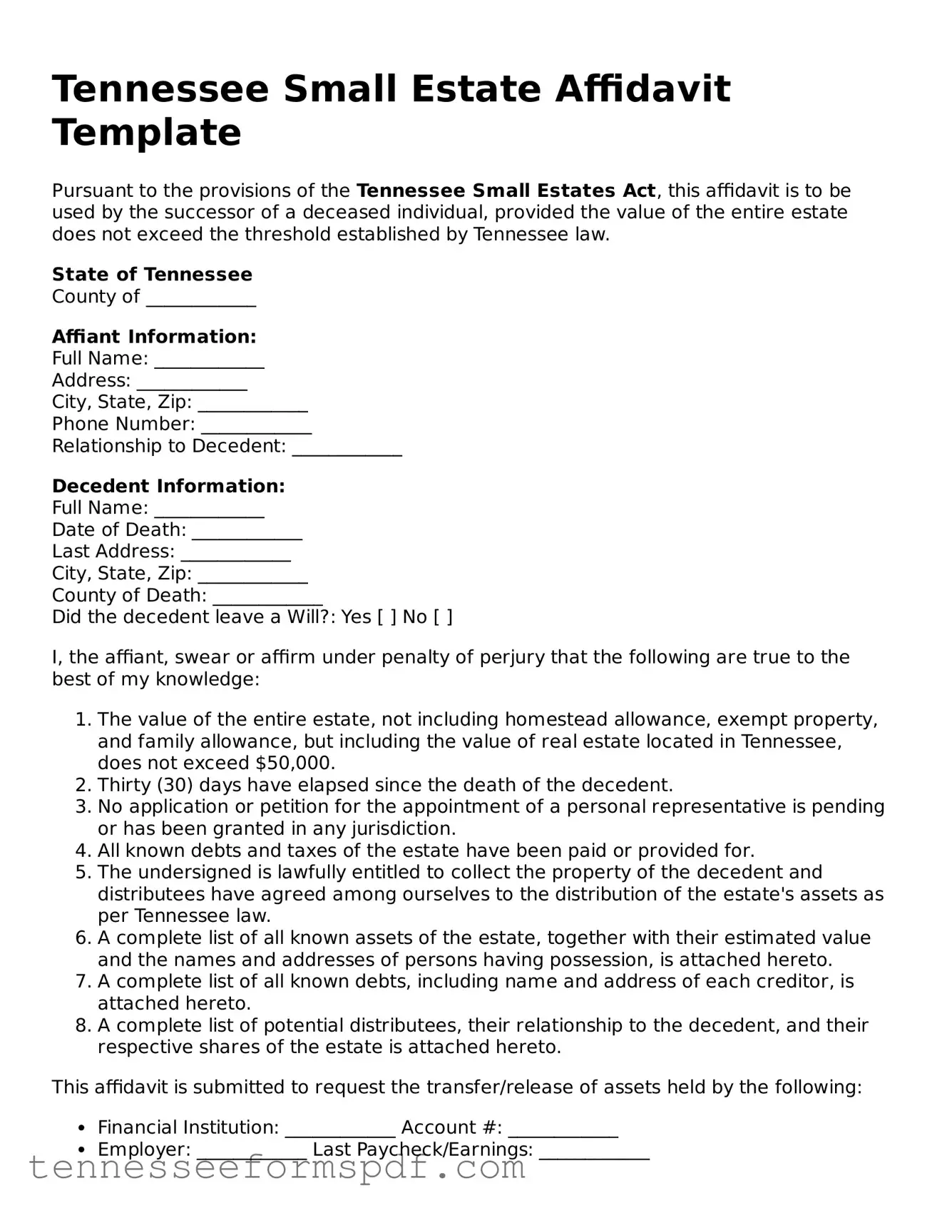 Fillable Tennessee Small Estate Affidavit Document