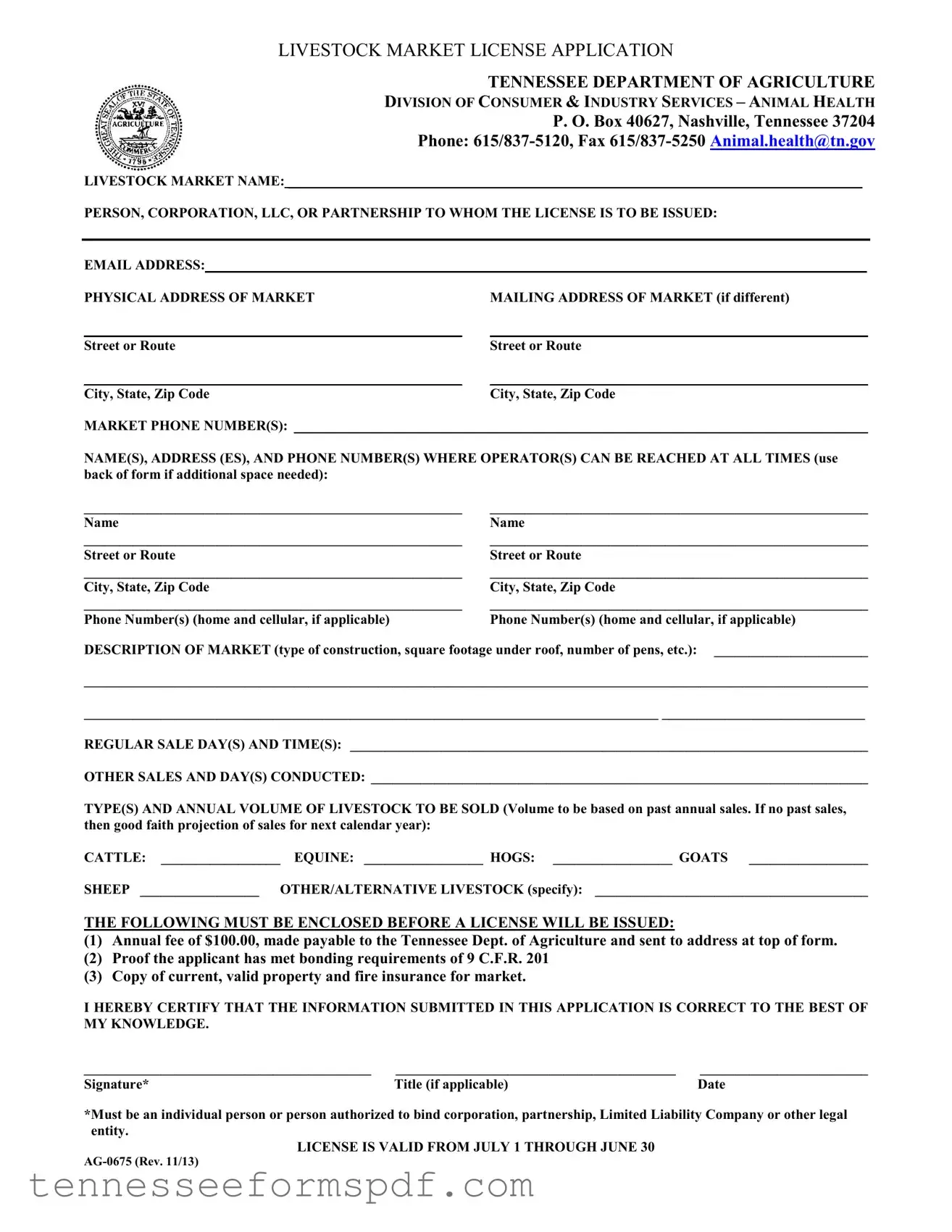 Fill Out Your Tennessee Ag 0675 Form