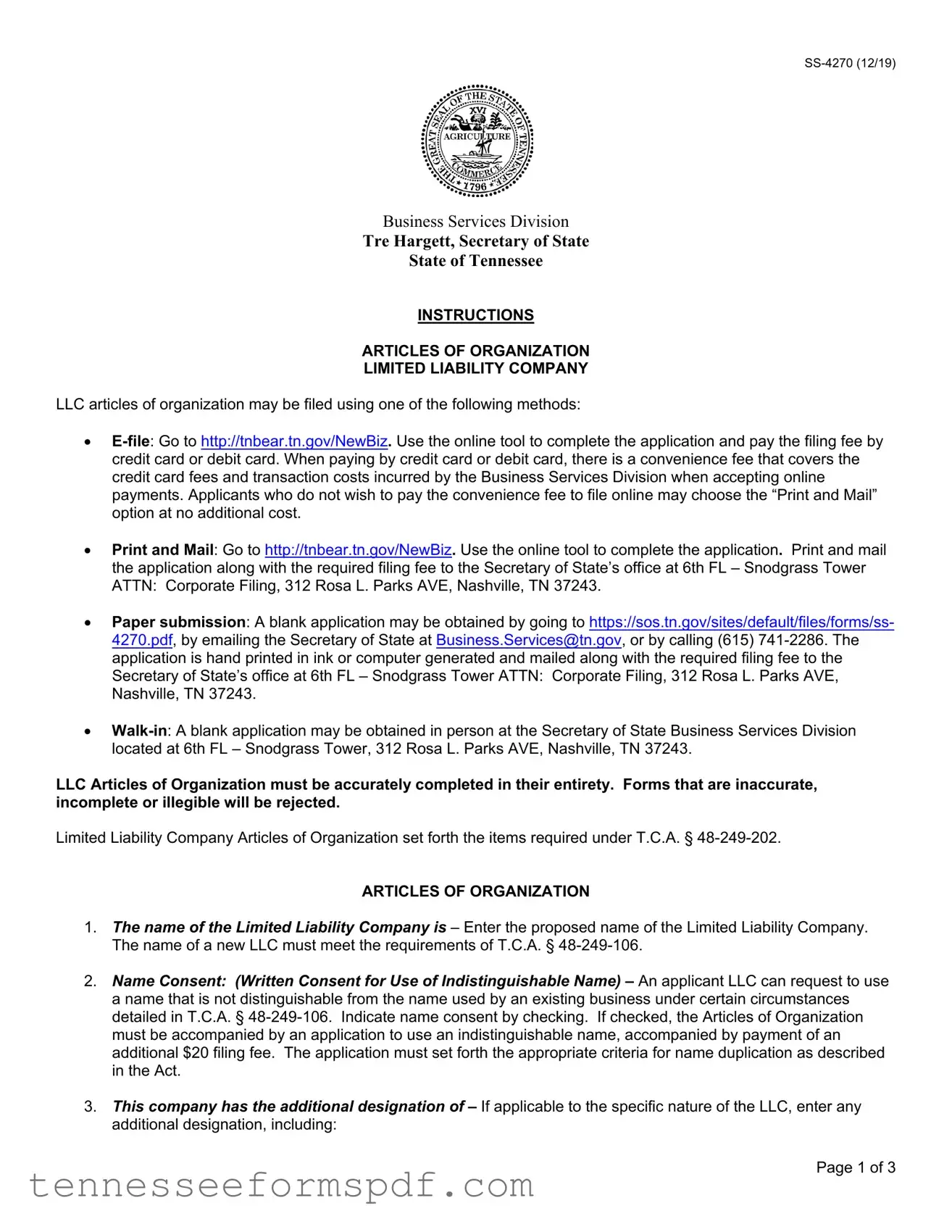 Fill Out Your Tennessee Articles Organization Form