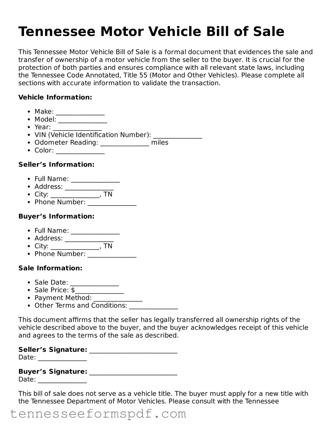 Fillable Tennessee Motor Vehicle Bill of Sale Document