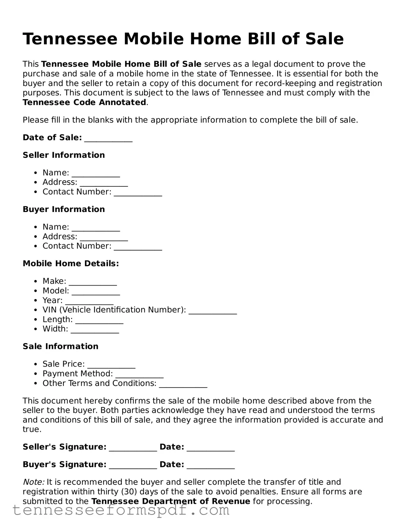 Fillable Tennessee Mobile Home Bill of Sale Document