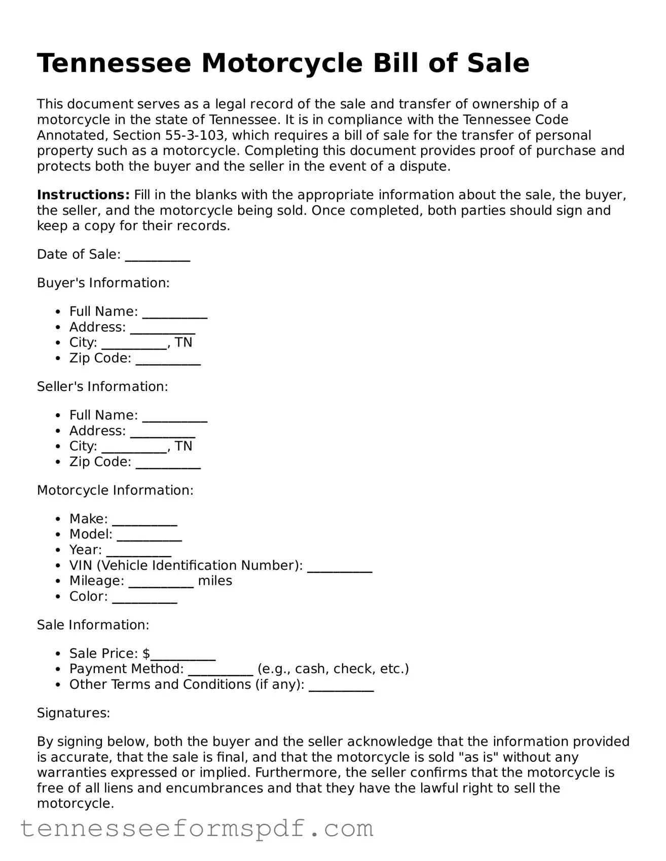 Fillable Tennessee Motorcycle Bill of Sale Document