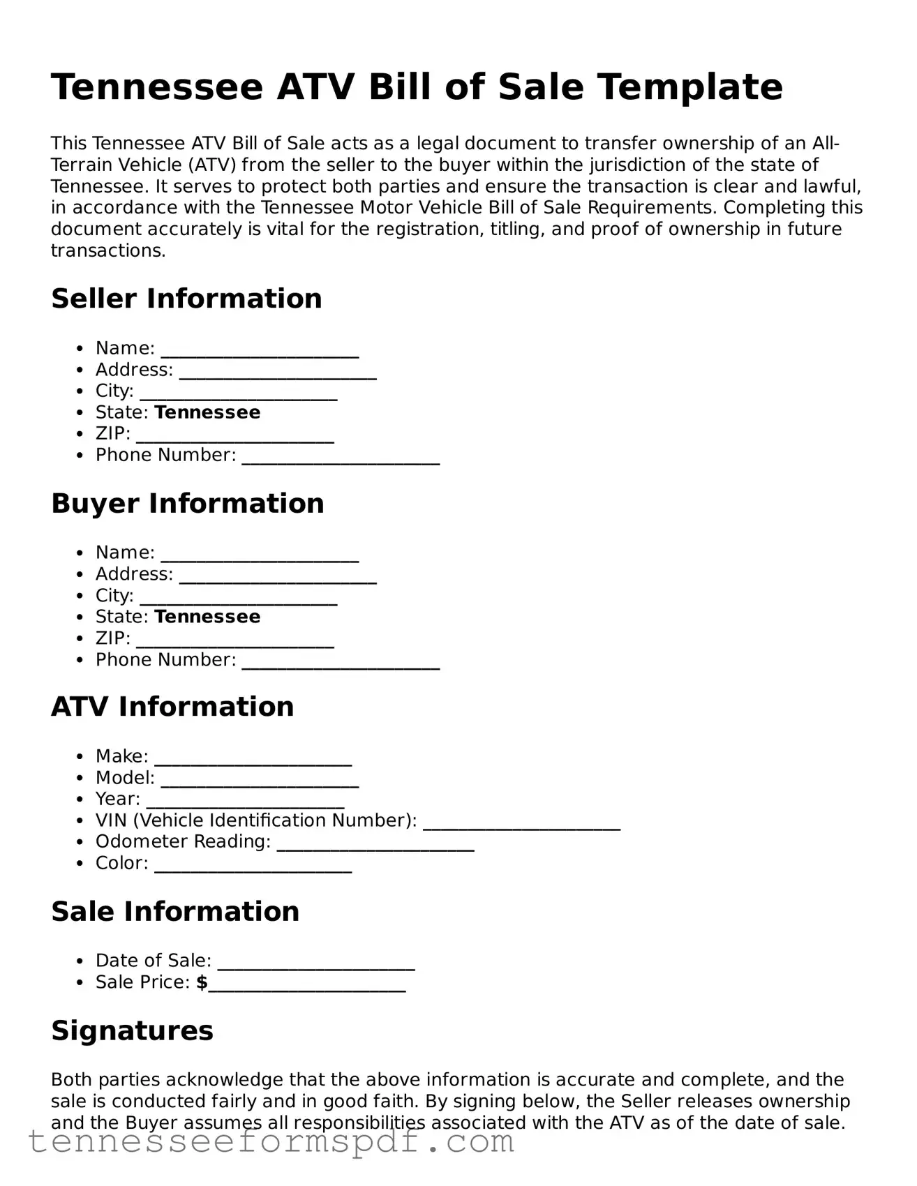 Fillable Tennessee ATV Bill of Sale Document