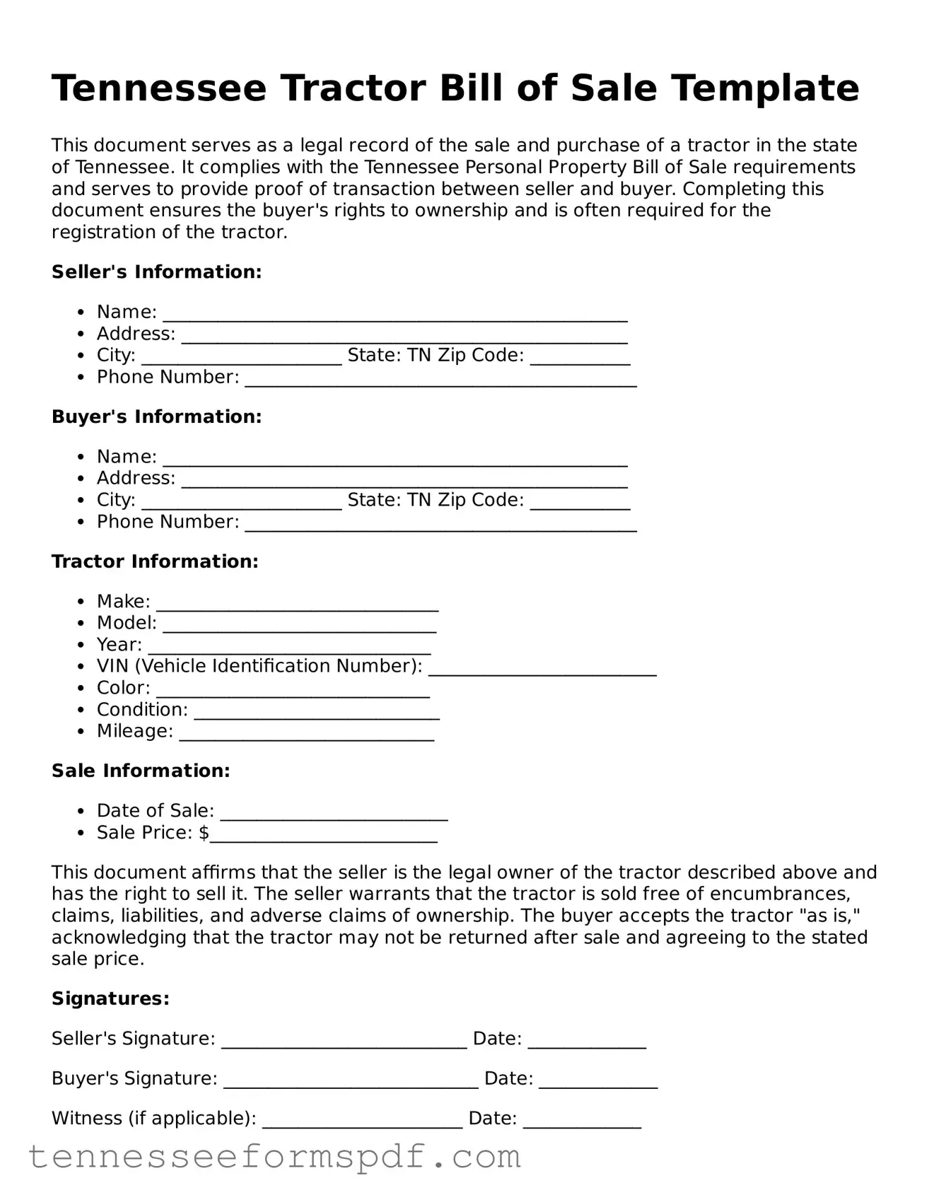 Fillable Tennessee Tractor Bill of Sale Document