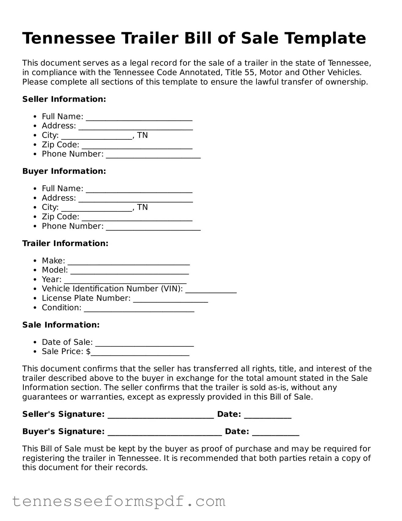 Fillable Tennessee Trailer Bill of Sale Document