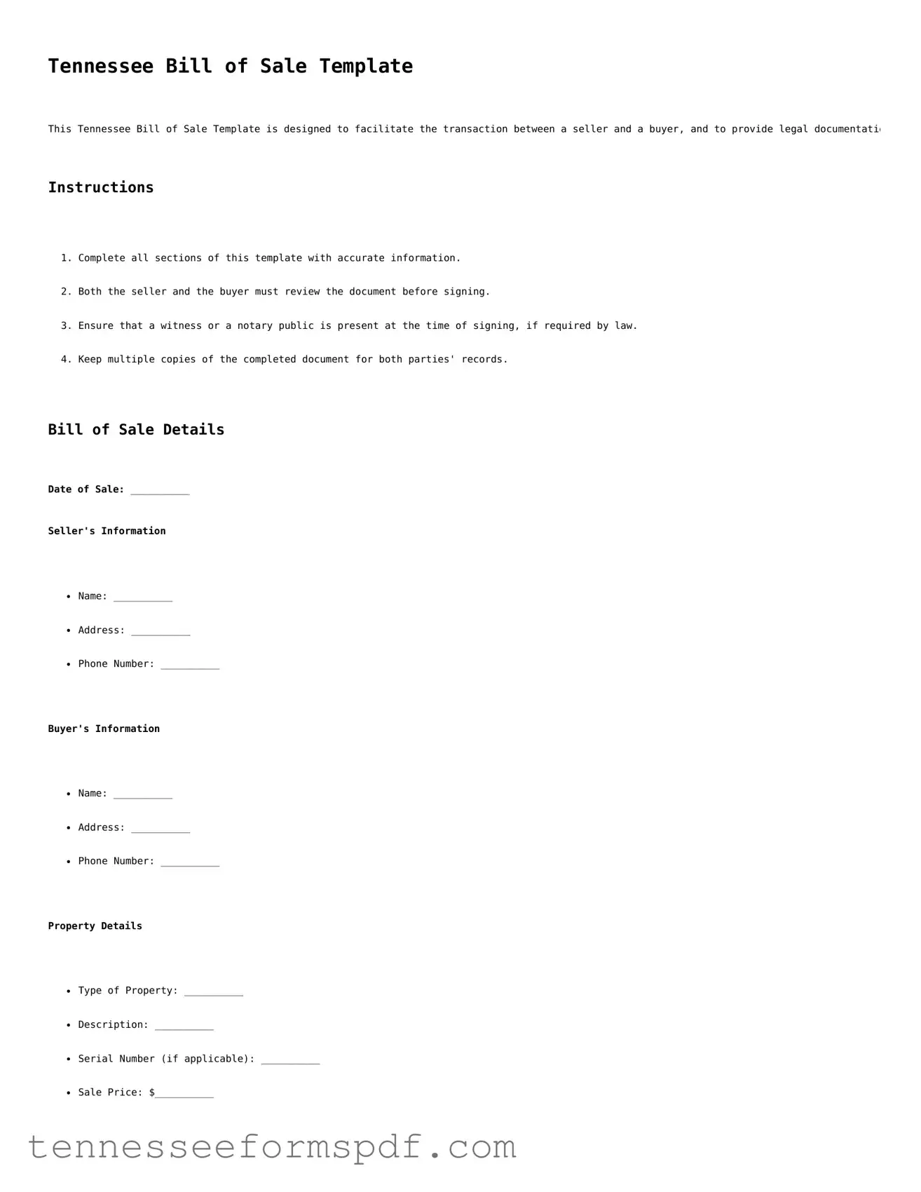 Fillable Tennessee Bill of Sale Document