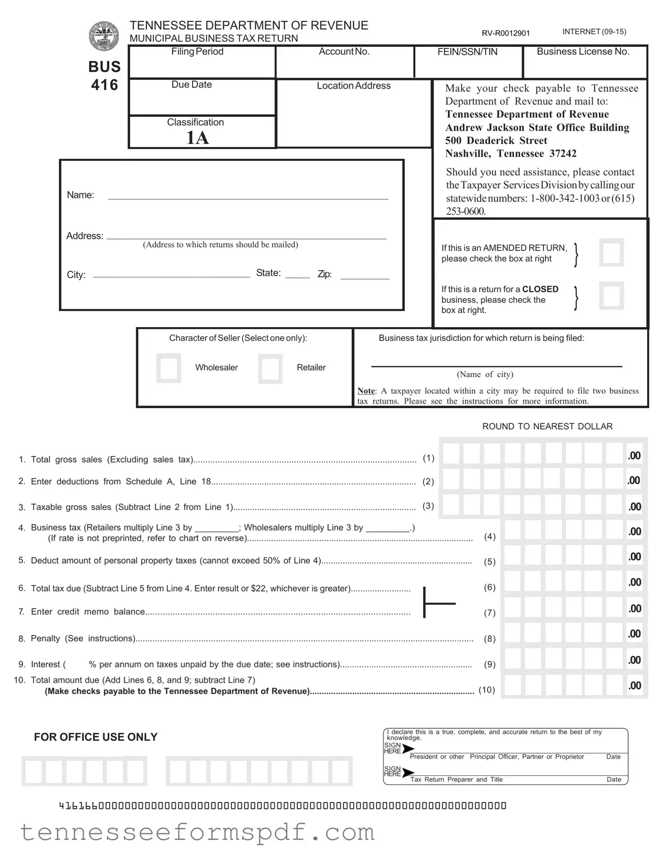 Fill Out Your Tennessee Bus 416 Form
