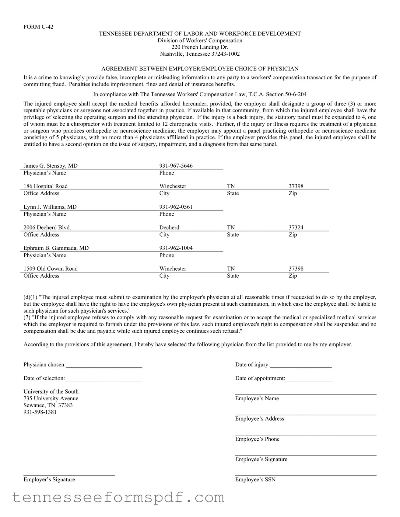 Fill Out Your Tennessee C 42 Form