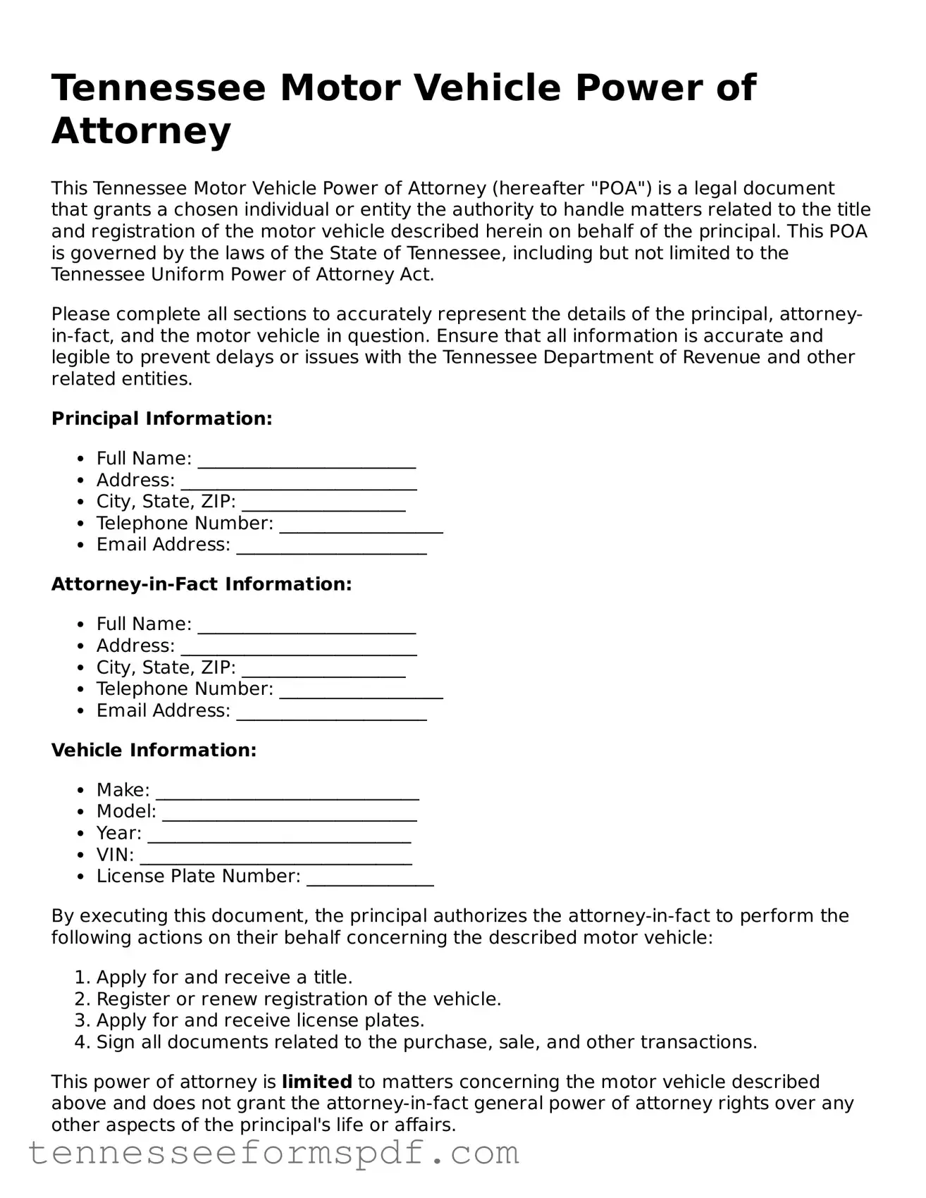 Fillable Tennessee Motor Vehicle Power of Attorney Document