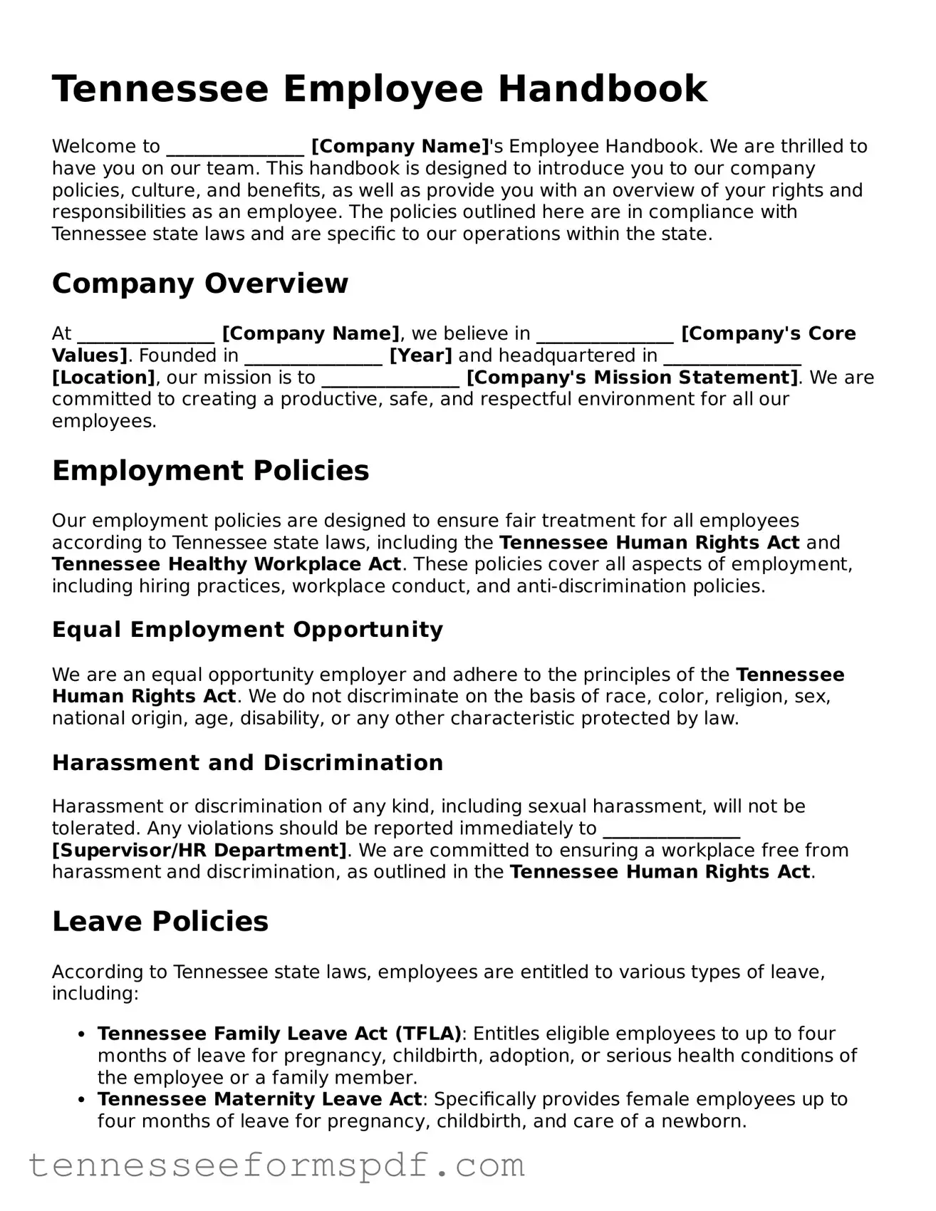 Fillable Tennessee Employee Handbook Document