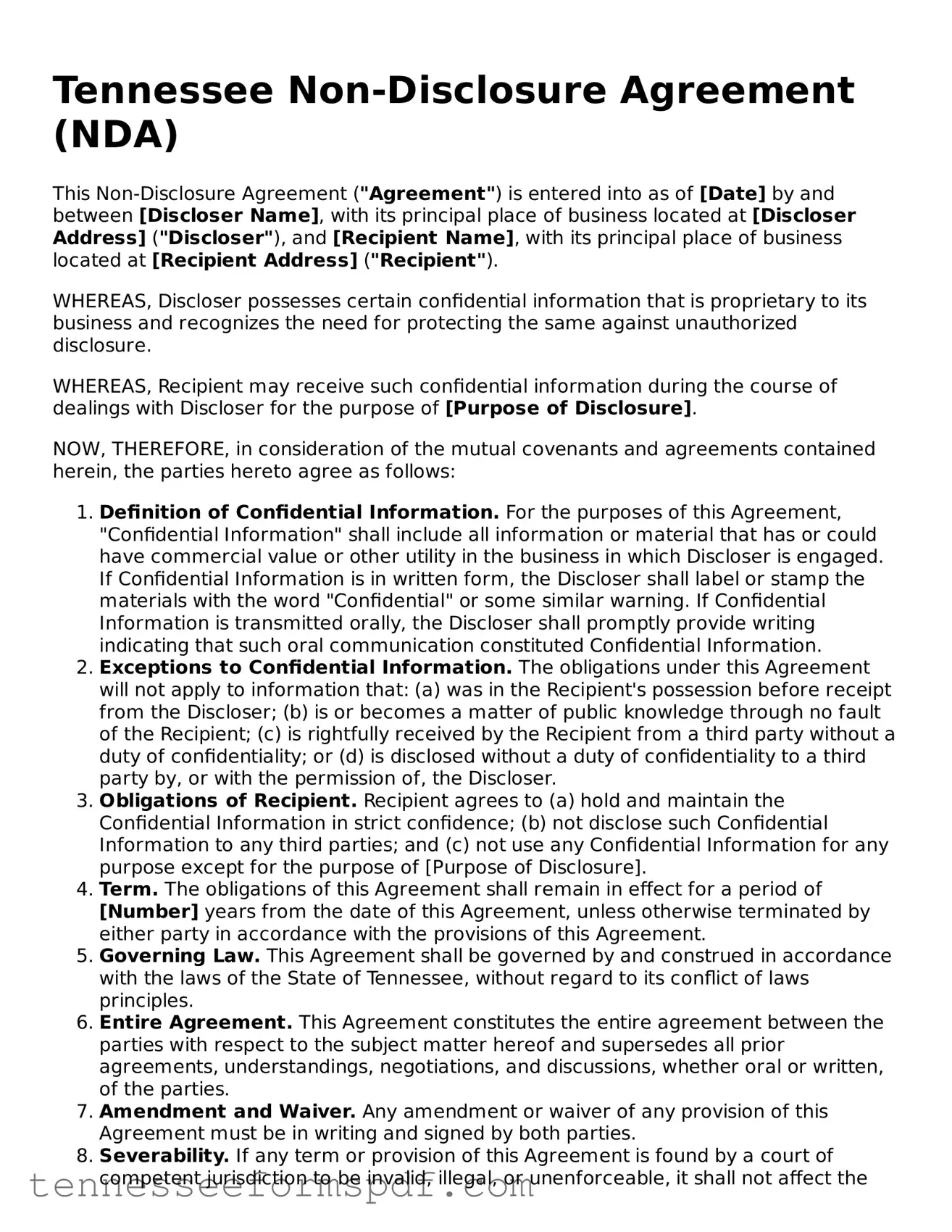 Fillable Tennessee Non-disclosure Agreement Document