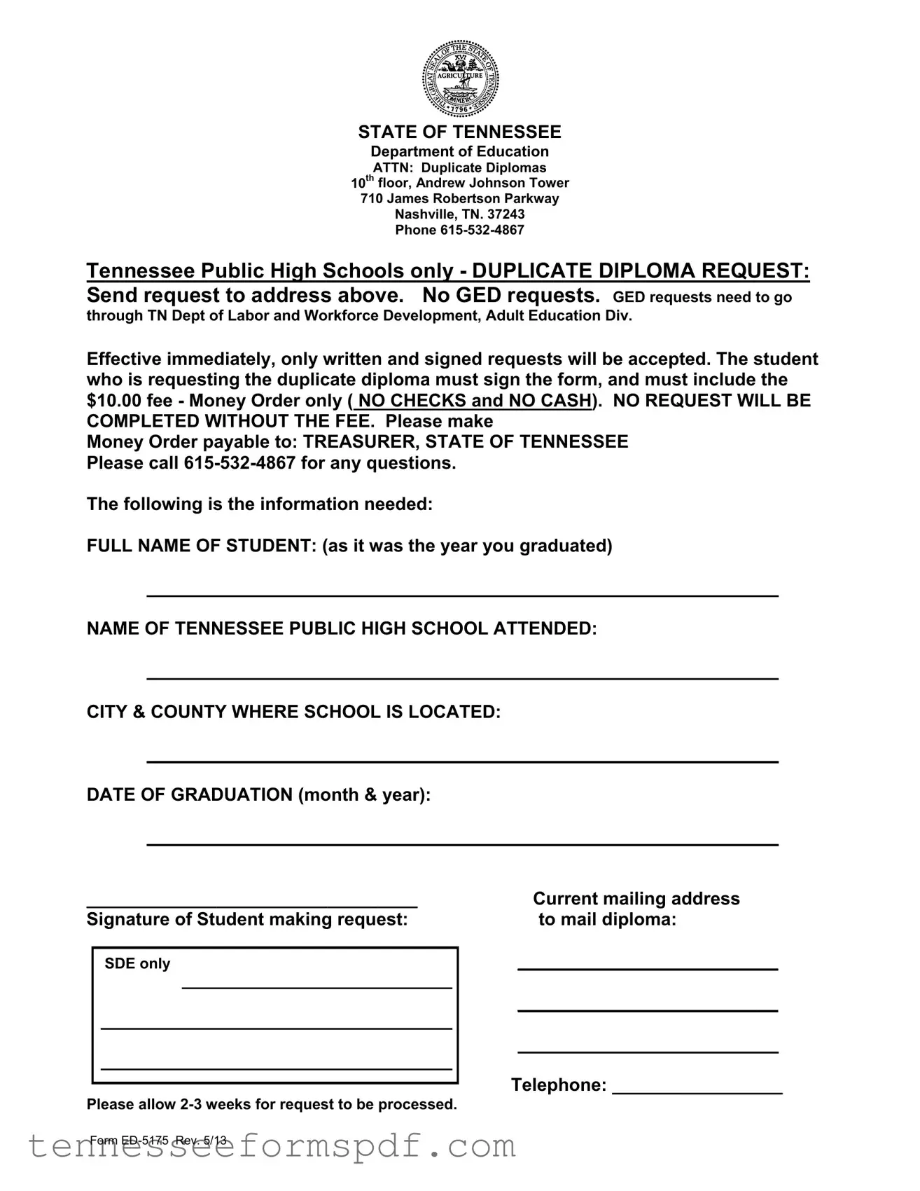 Fill Out Your Tennessee Diploma Form