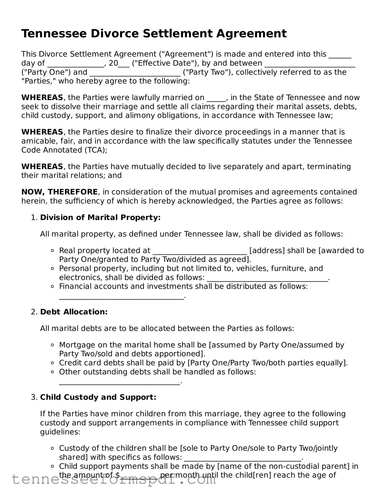 Fillable Tennessee Divorce Settlement Agreement Document
