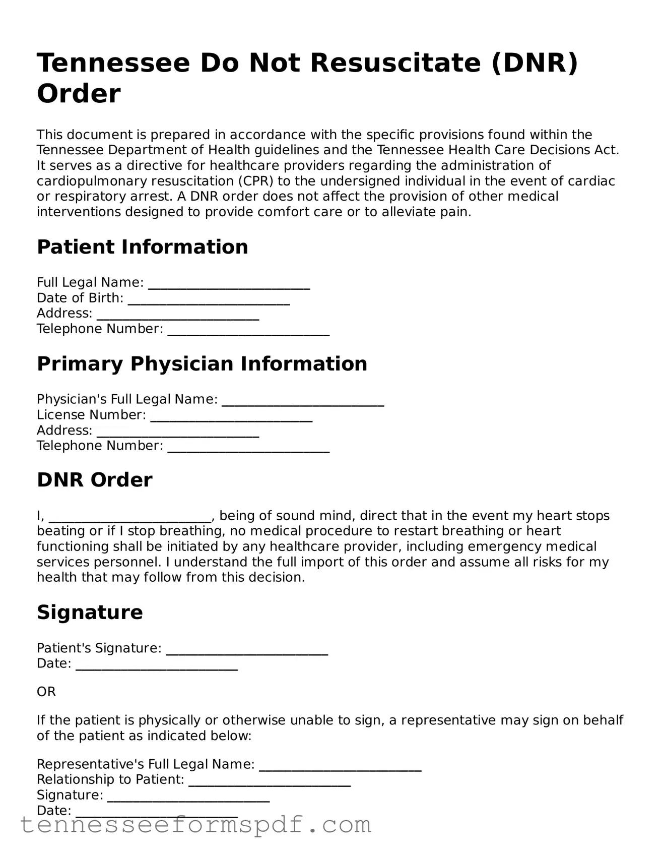Fillable Tennessee Do Not Resuscitate Order Document