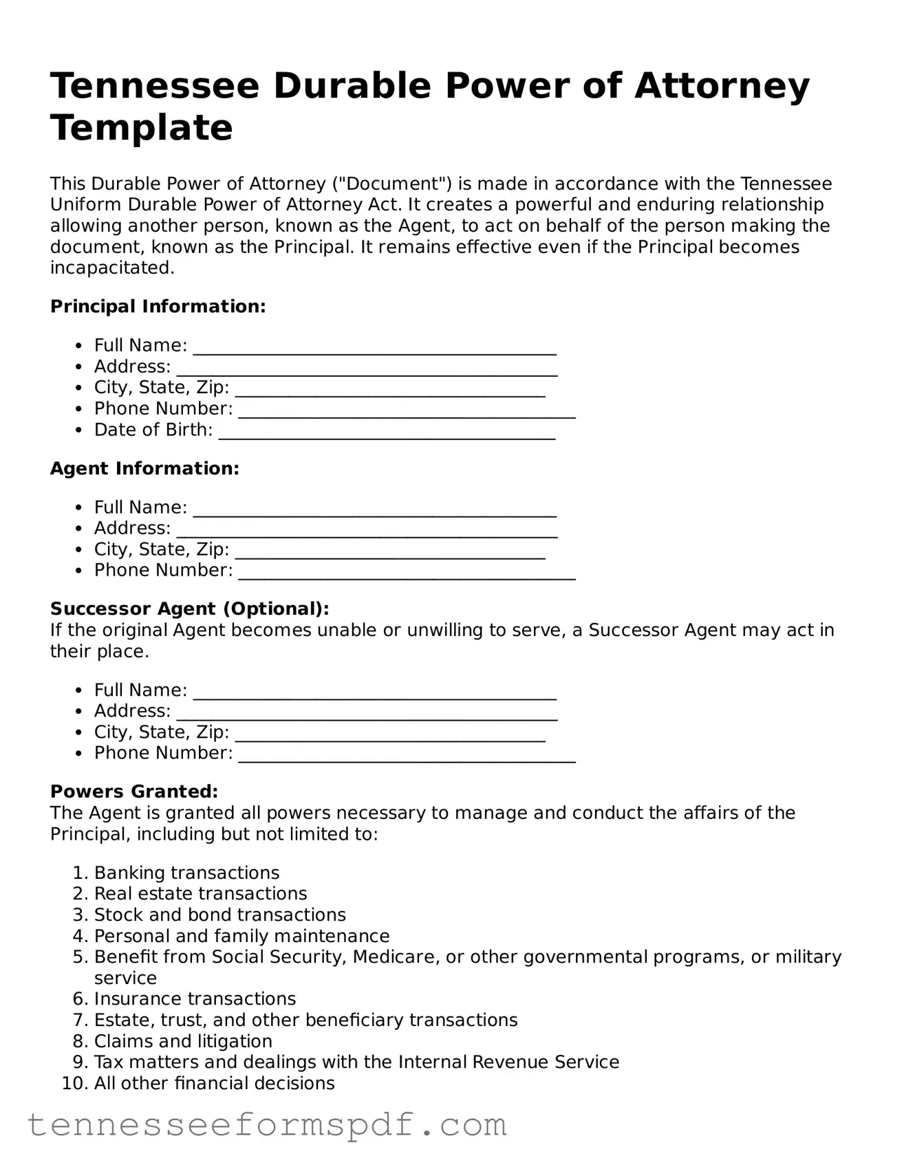 Fillable Tennessee Durable Power of Attorney Document