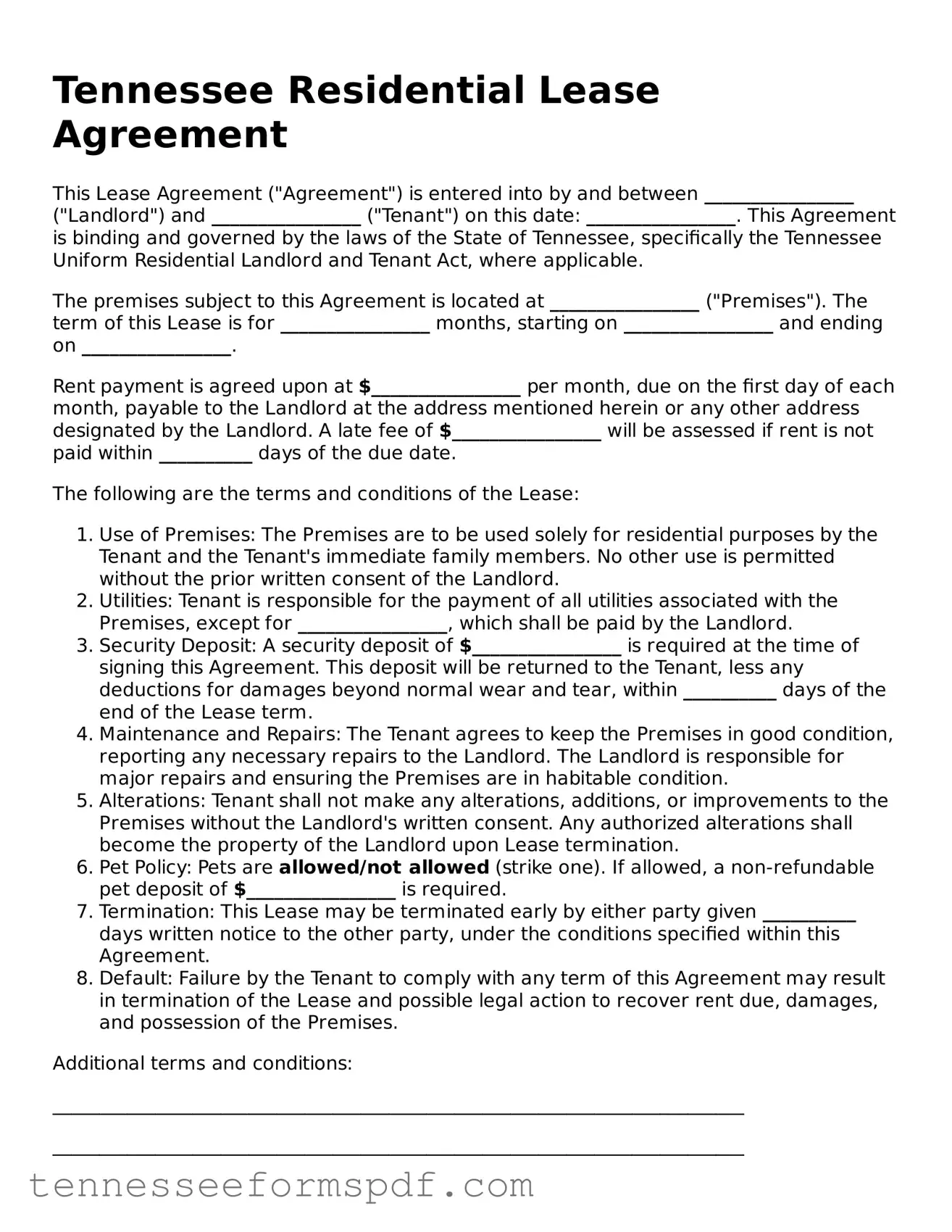 Fillable Tennessee Residential Lease Agreement Document