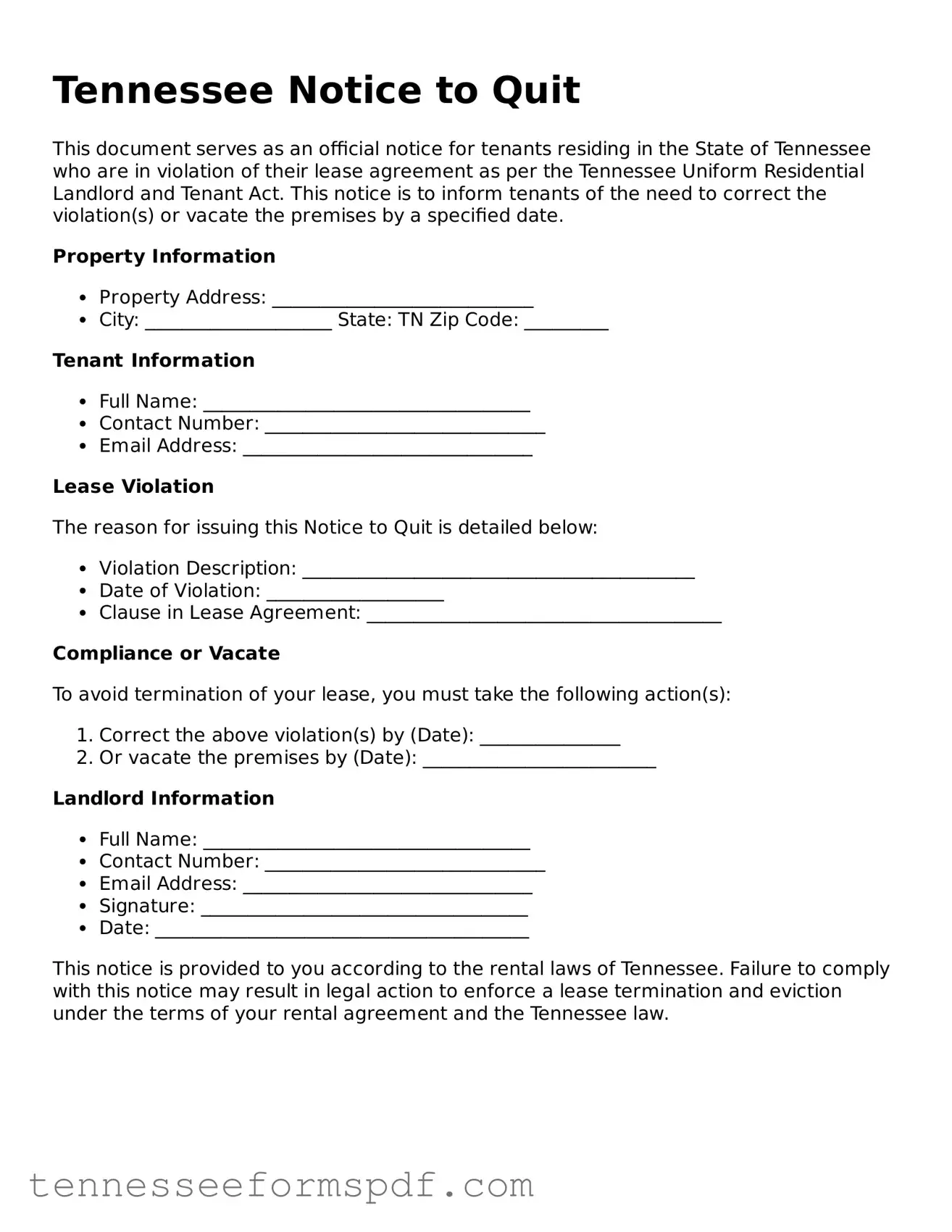 Fillable Tennessee Notice to Quit Document