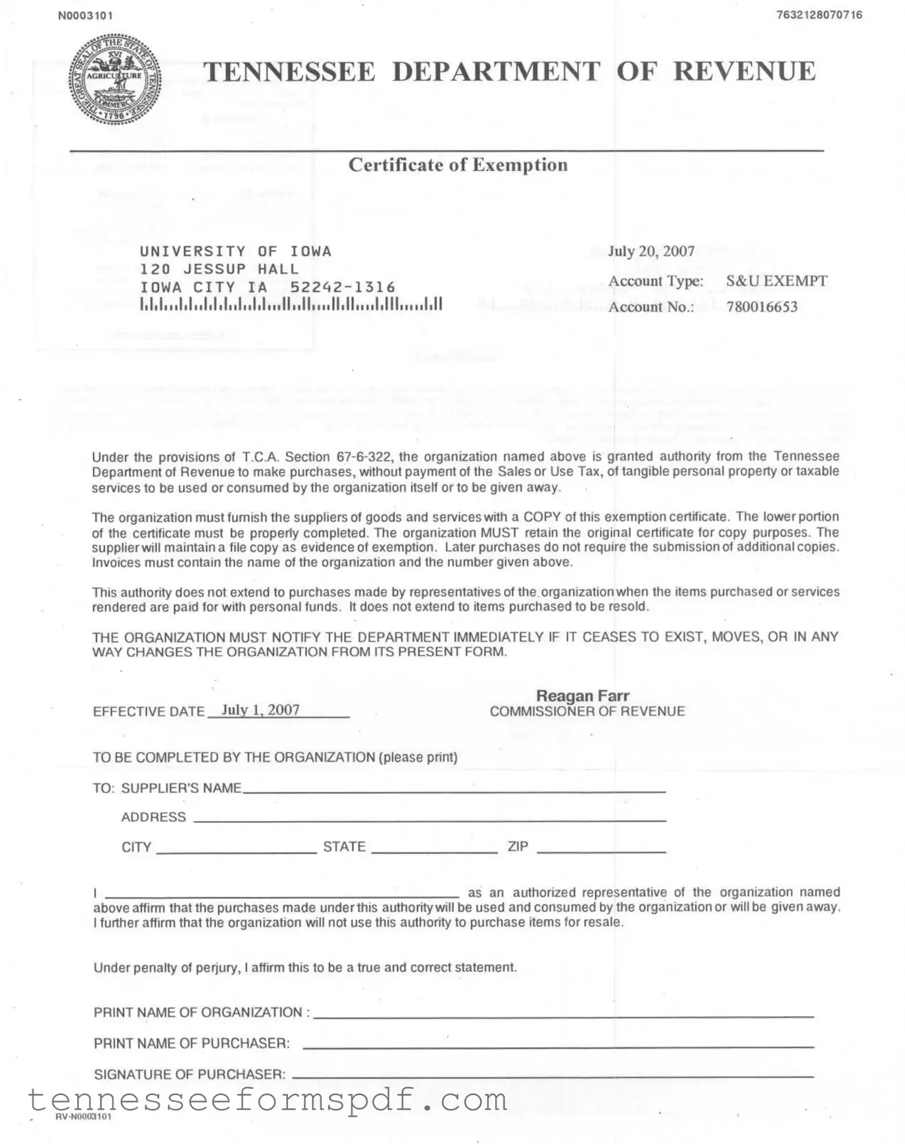 Fill Out Your Tennessee Exemption Certificate Form