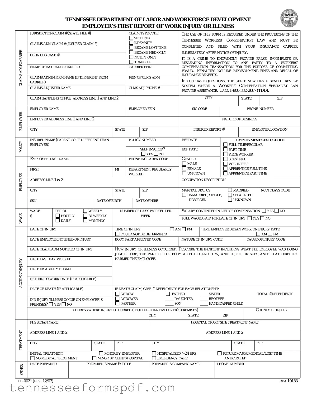 Fill Out Your Tennessee First Report Form