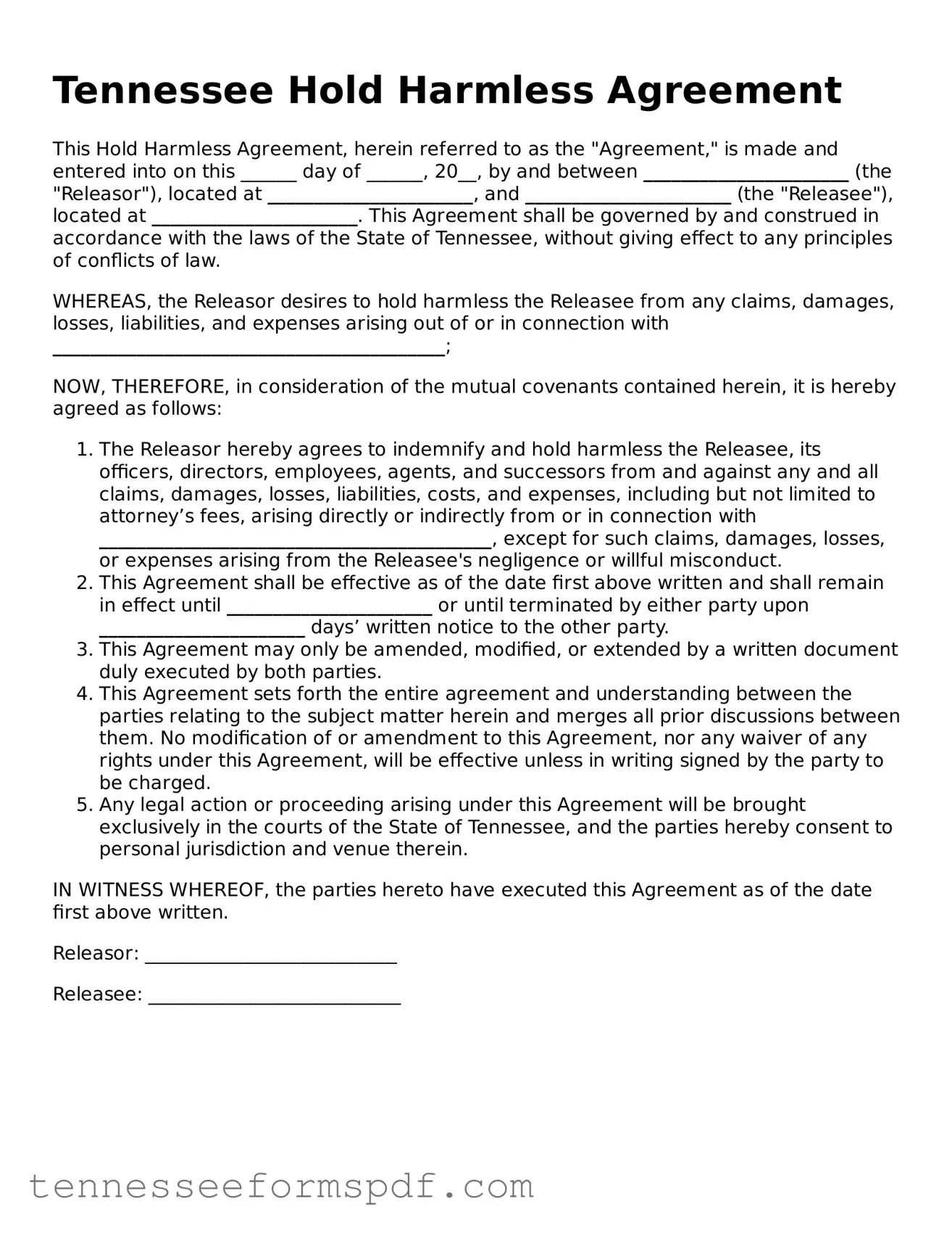 Fillable Tennessee Hold Harmless Agreement Document