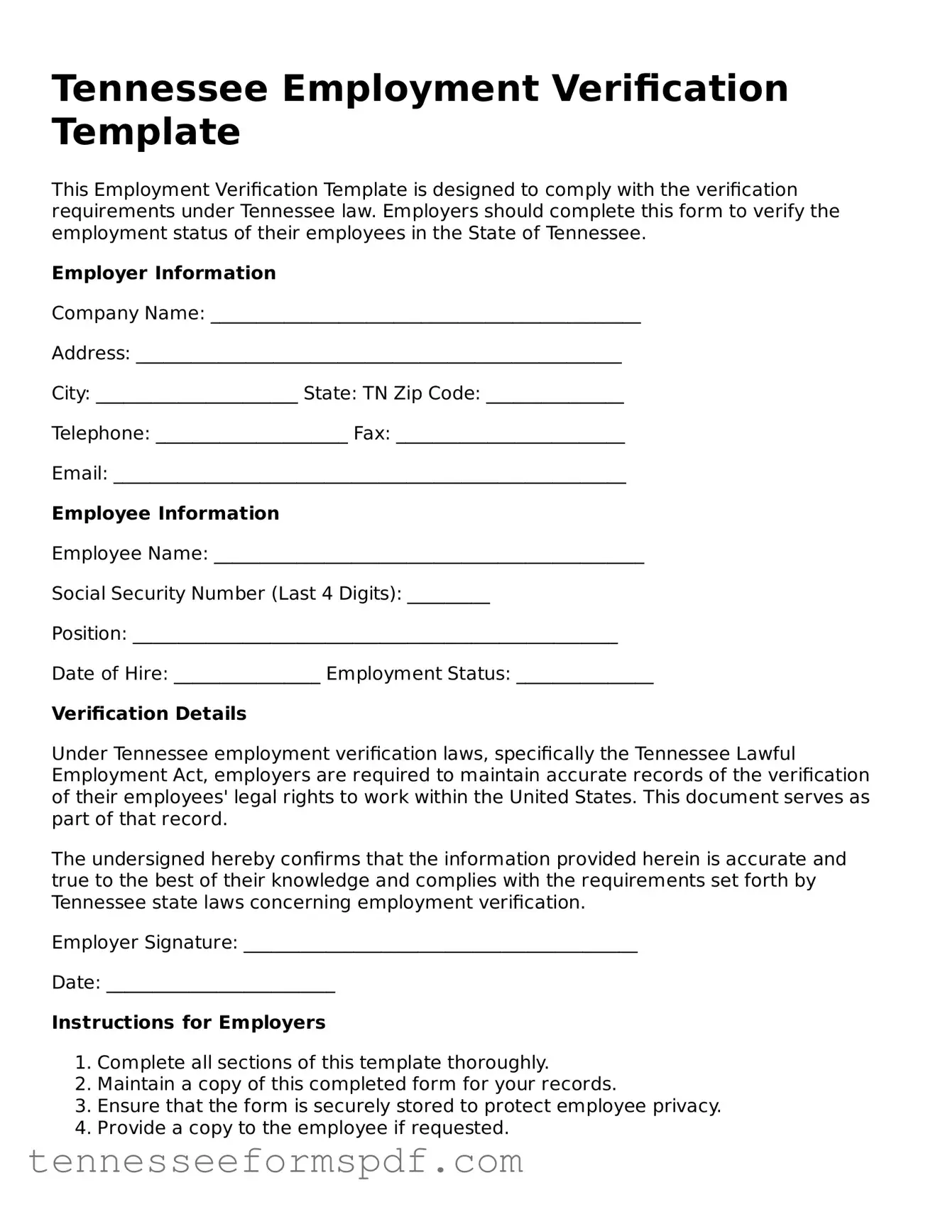 Fillable Tennessee Employment Verification Document