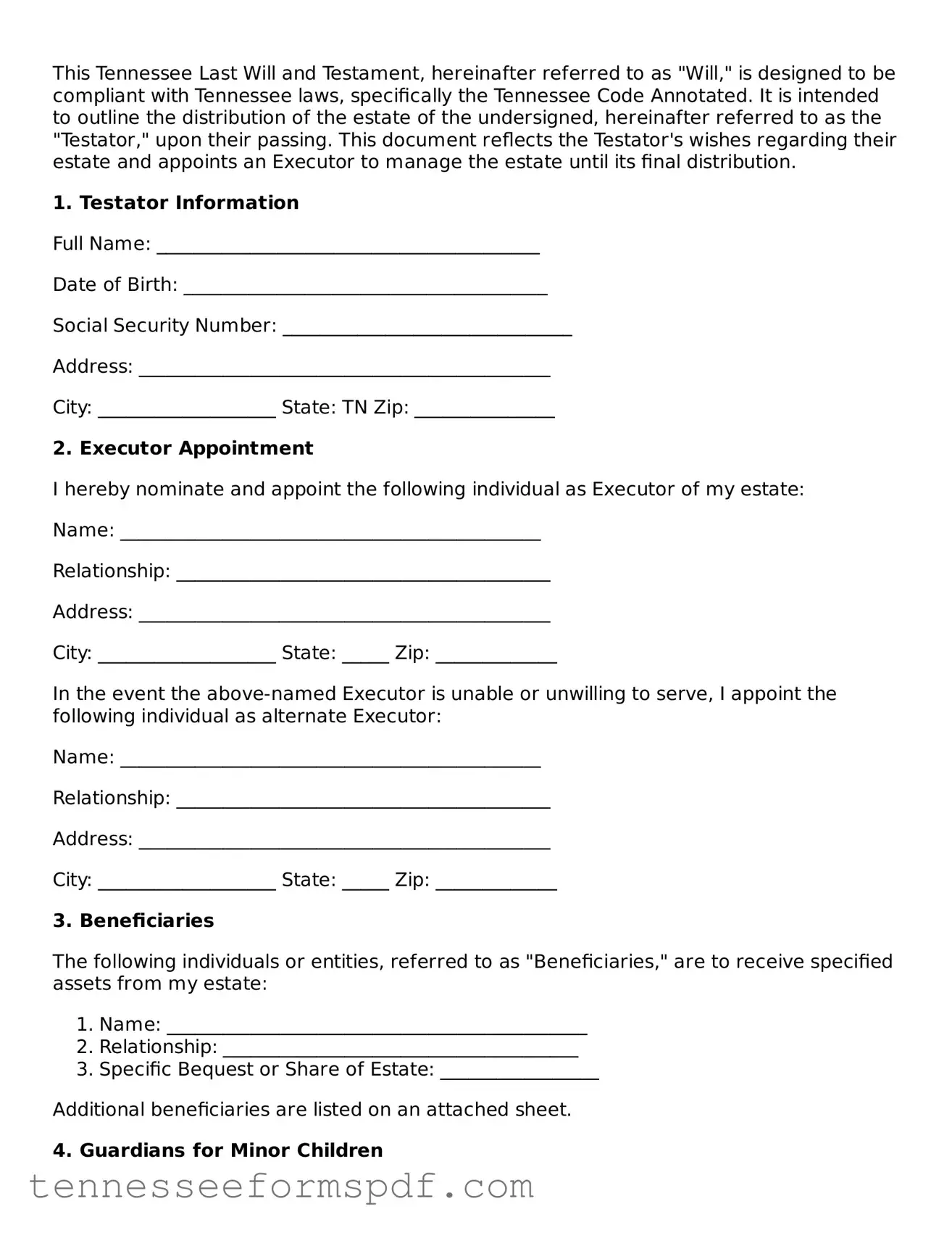 Fillable Tennessee Last Will and Testament Document