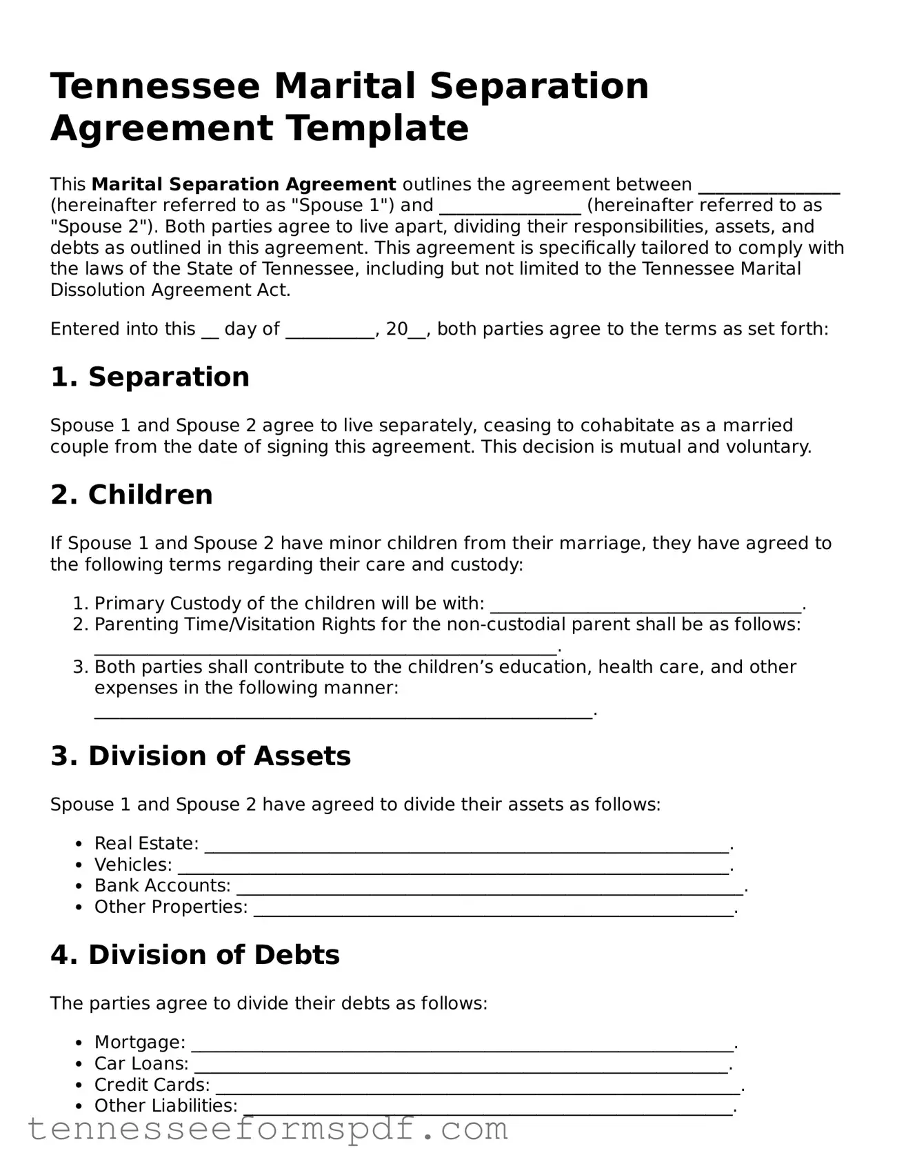 Fillable Tennessee Marital Separation Agreement Document