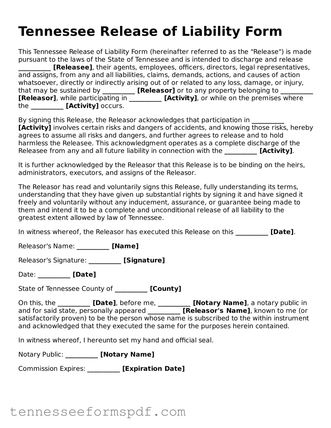 Fillable Tennessee Release of Liability Document