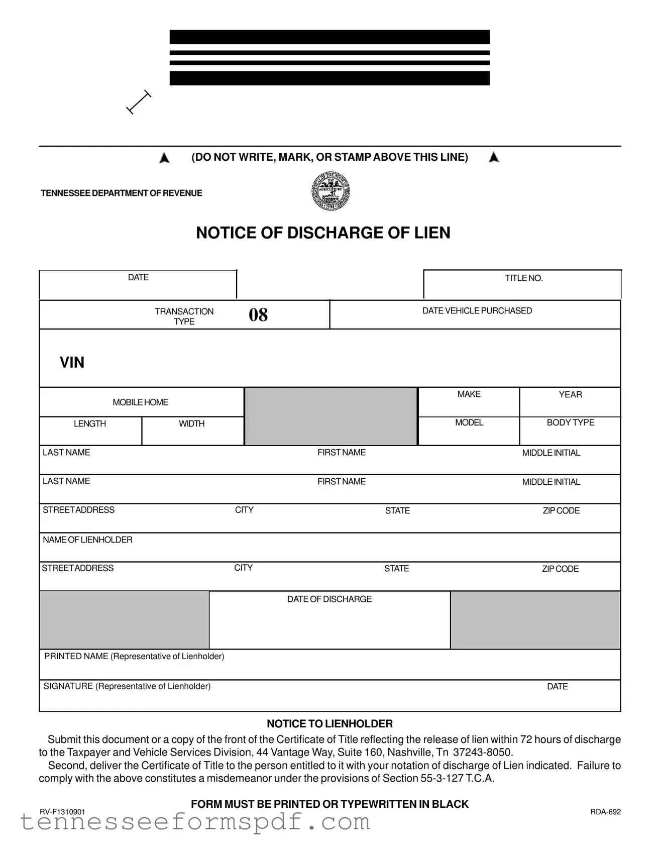 Fill Out Your Tennessee Lien Discharge Form