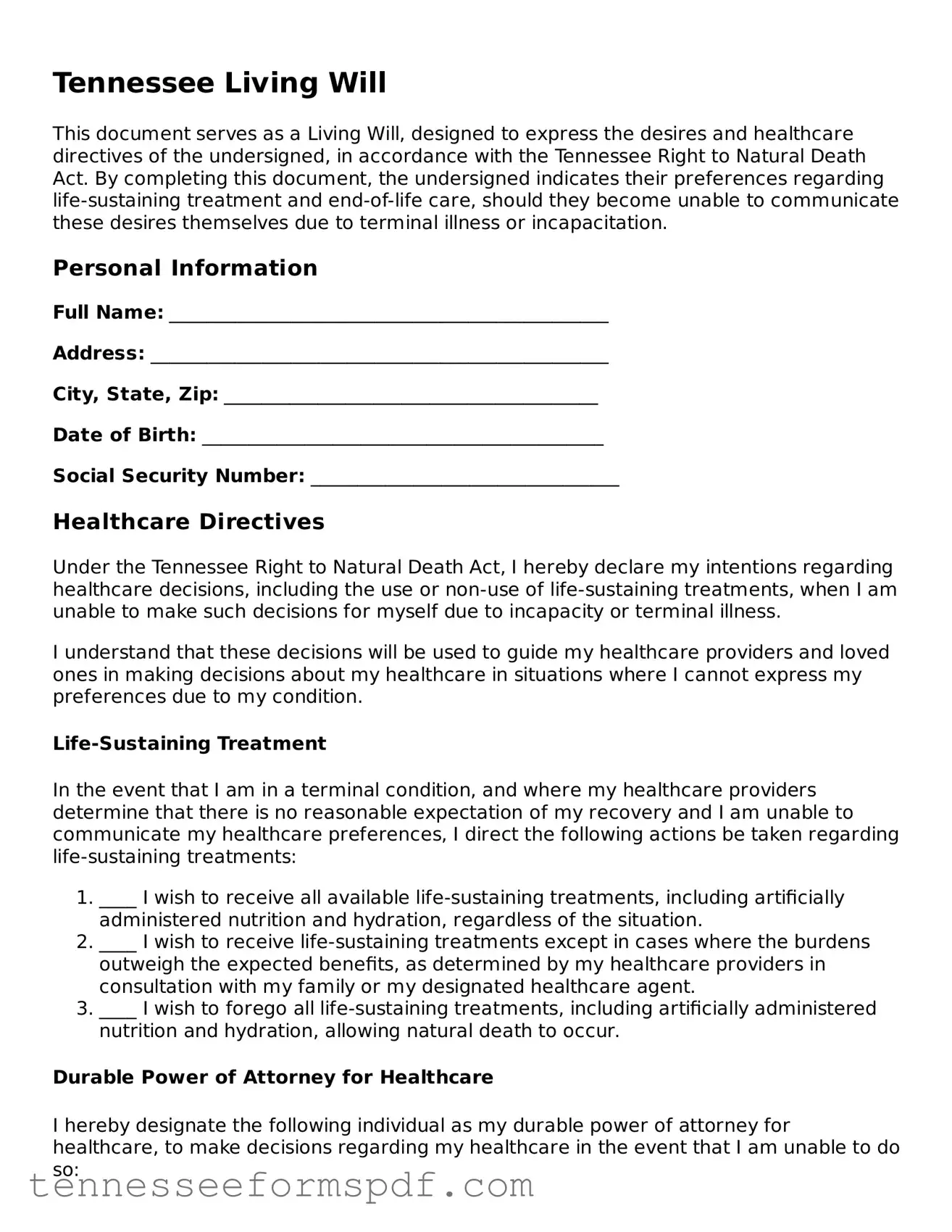 Fillable Tennessee Living Will Document