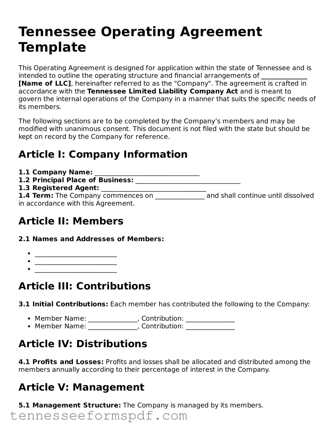 Fillable Tennessee Operating Agreement Document