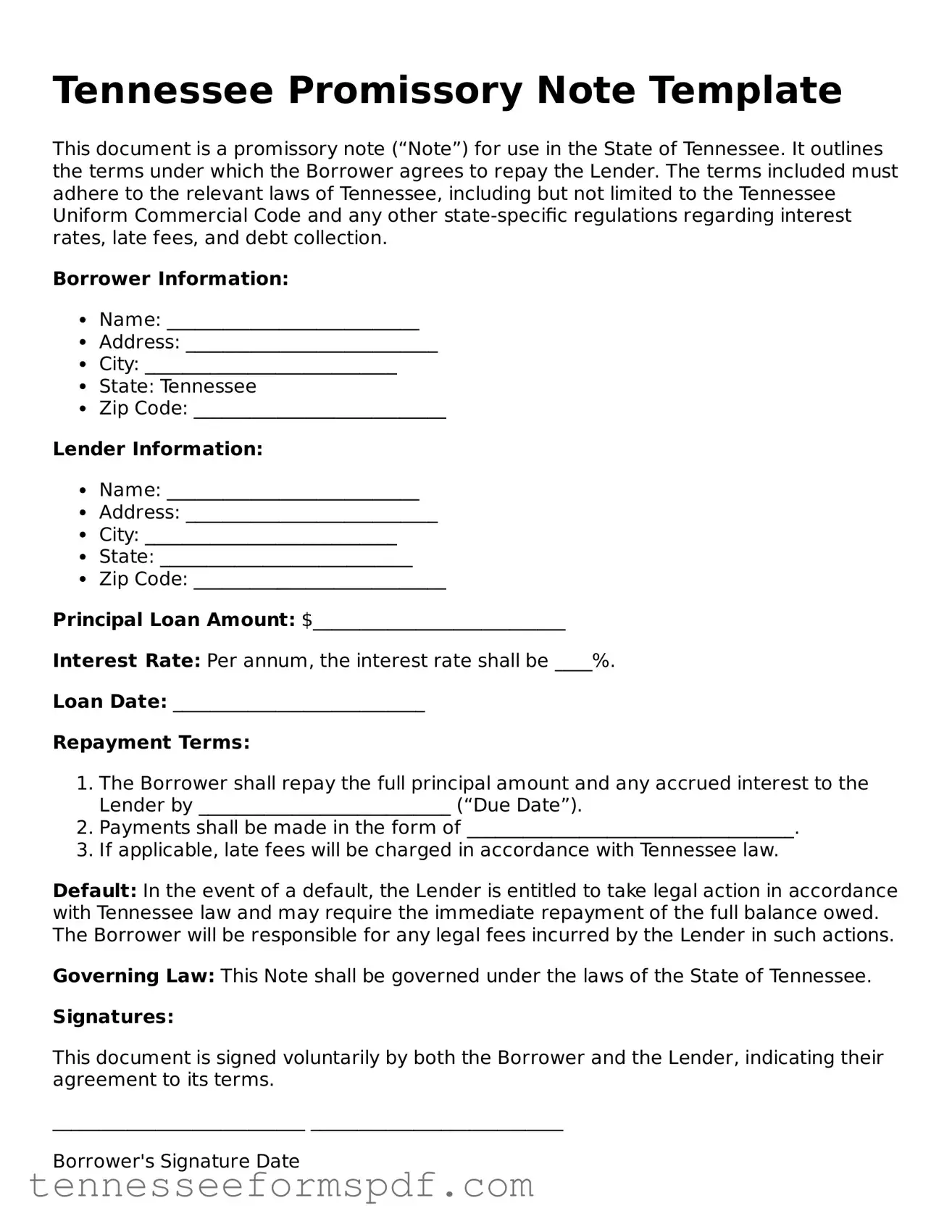 Fillable Tennessee Promissory Note Document