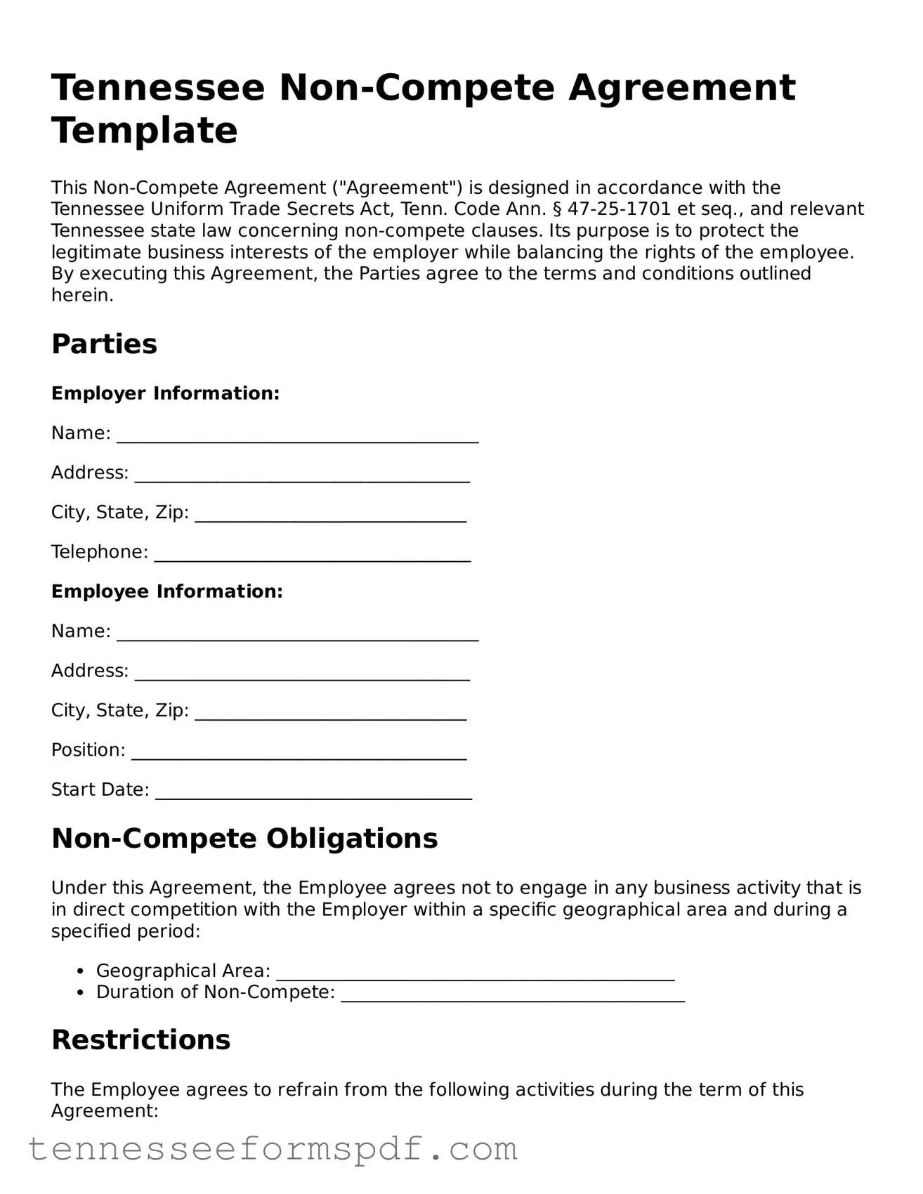 Fillable Tennessee Non-compete Agreement Document